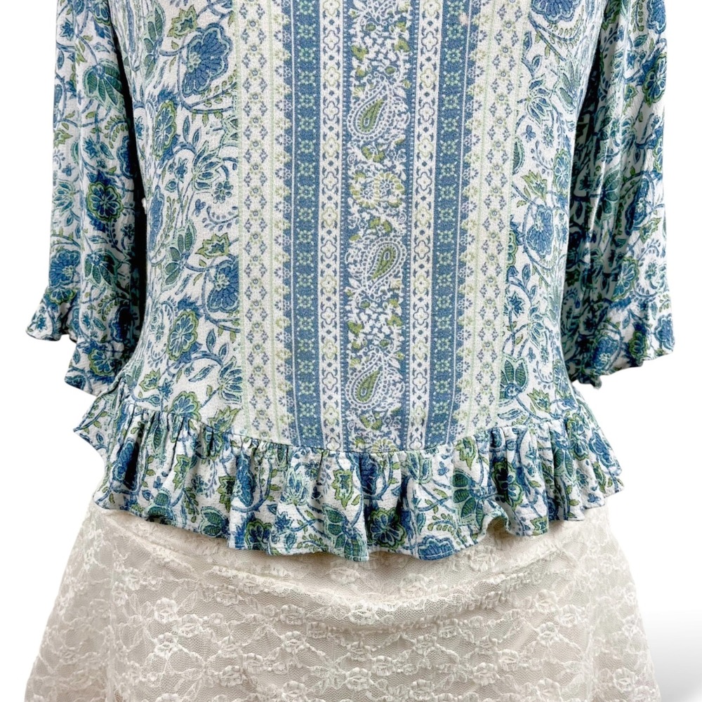 Boho Womens S Ruffle Floral Blouse Rose & Thyme Blue Paisley Peasant Top Cottege - Picture 3 of 11